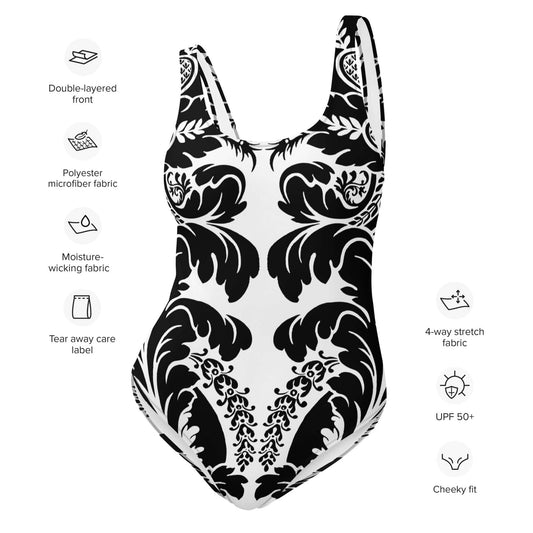 Einteiliger Badeanzug N°21 in stilvollem Schwarz-Weiß-Muster mit Doppelschichtfront und UPF 50+, ideal für Strand und Pool.