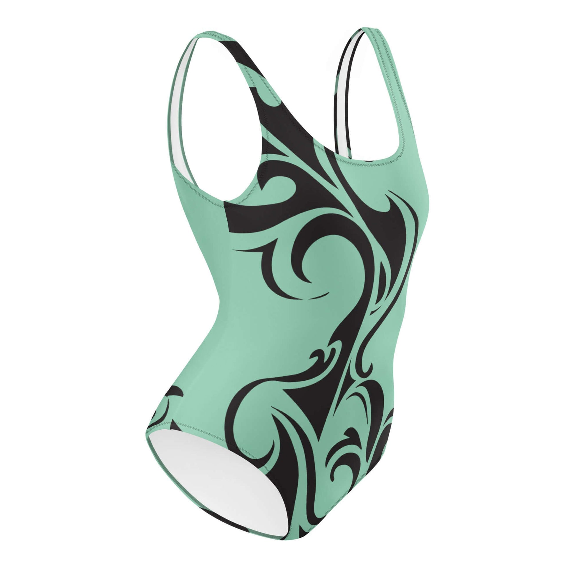 Einteiliger Badeanzug N°22 in mintgrün und schwarz mit elegantem Muster