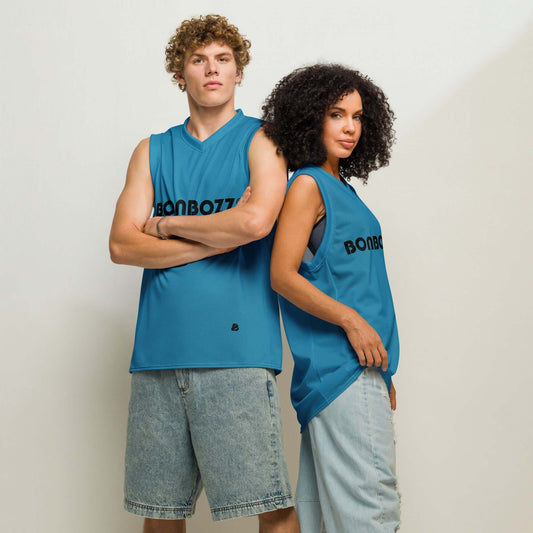 Models wearing premium basketball jersey in blue, showcasing unisex fit and breathable mesh fabric