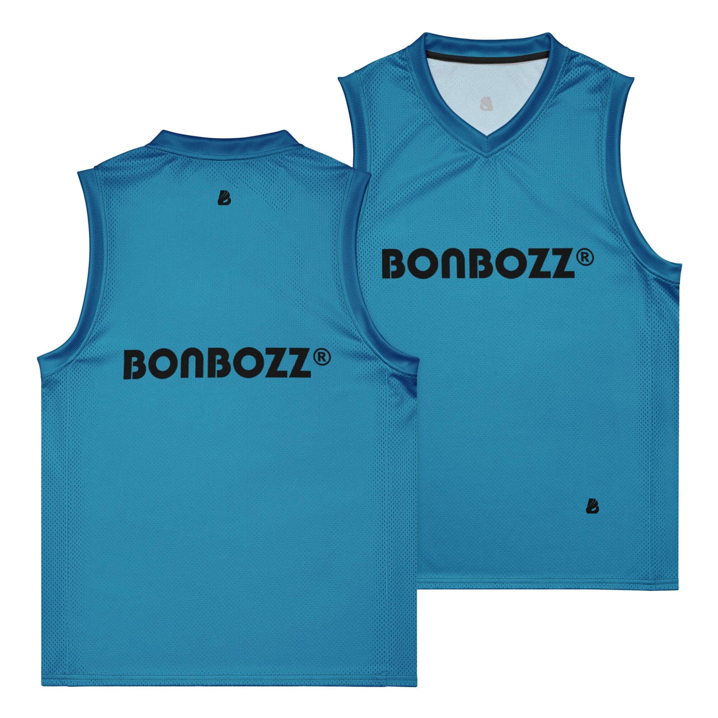 Blue premium basketball jersey with Bonbozz logo, made of durable mesh fabric for court and streetwear use.