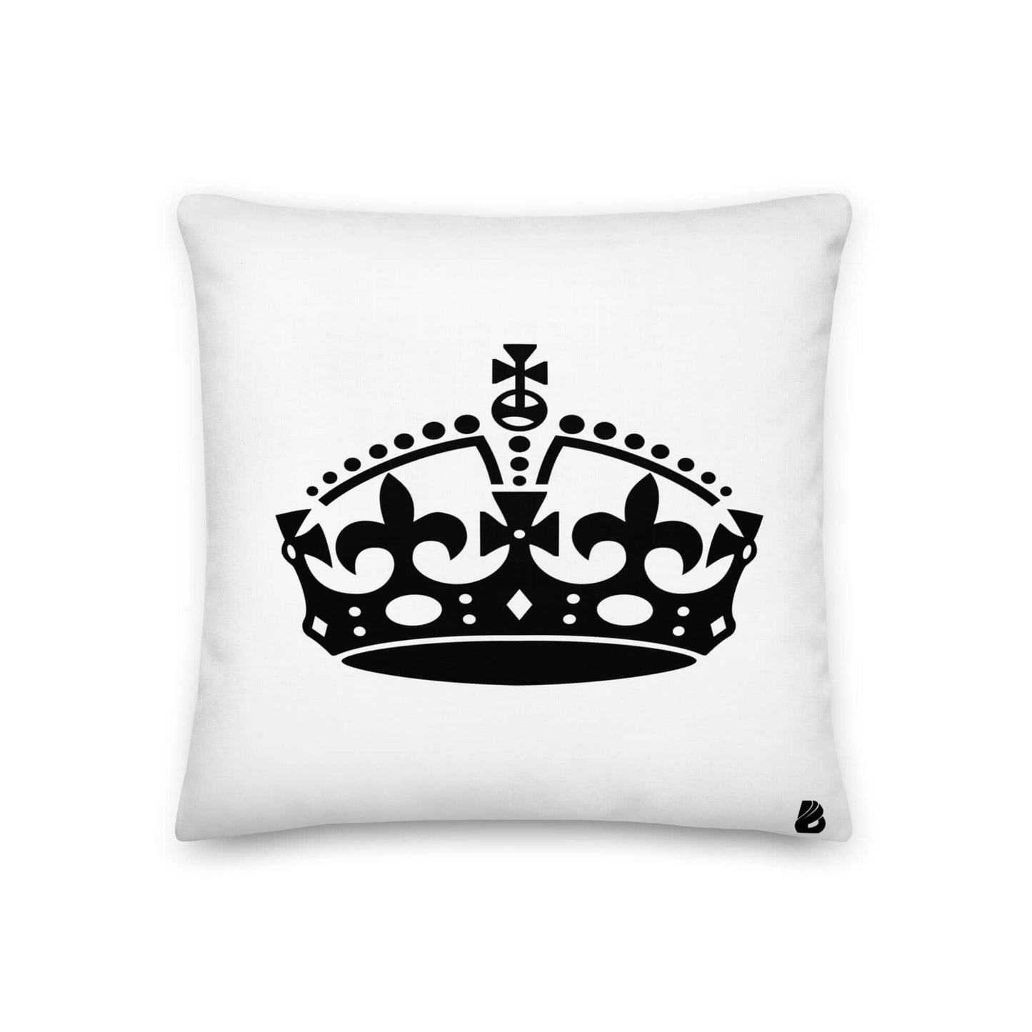 Premium-Kissen N°3 with black crown design on a white background, featuring linen-feel fabric cover and hidden zipper.