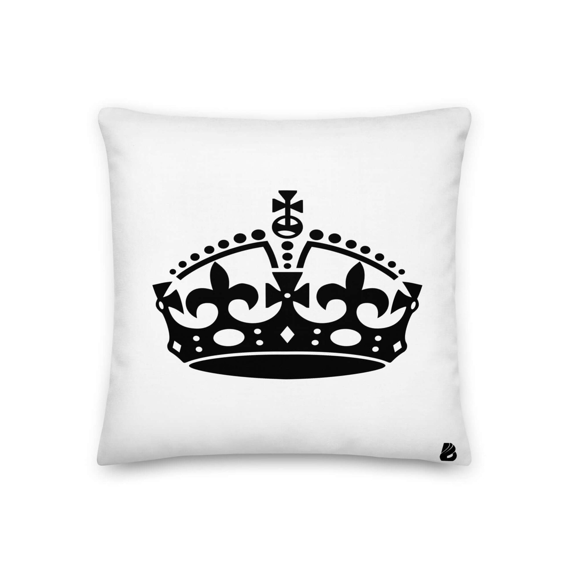 Premium-Kissen N°3 with black crown design on a white background, featuring linen-feel fabric cover and hidden zipper.