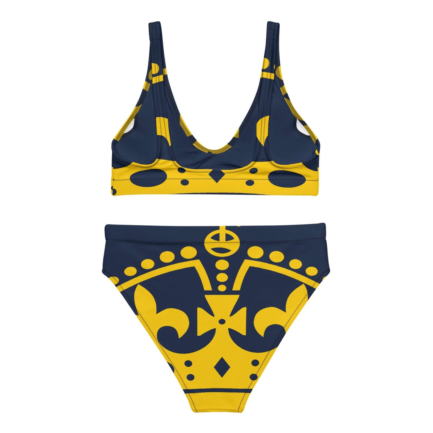 Recycelter Allover High Waist Bikini N°1 mit blau-gelbem Muster, recycelt, bequem für Strandtage. Herausnehmbare Einlagen, doppellagiger Stoff.