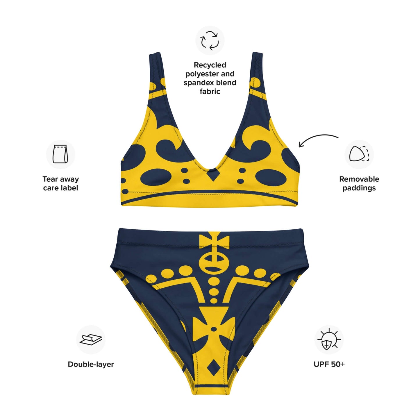 Recycelter Allover High Waist Bikini N°1 with yellow and navy design, removable padding, and eco-friendly materials, UPF 50+ protection.