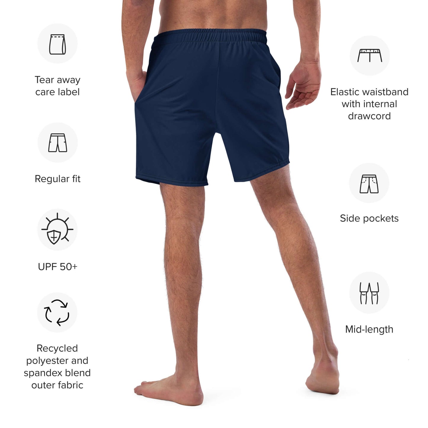 Back view of Herren-Badehosen N°16 with elastic waistband, side pockets, in navy blue, showing features; ideal for summer activities.