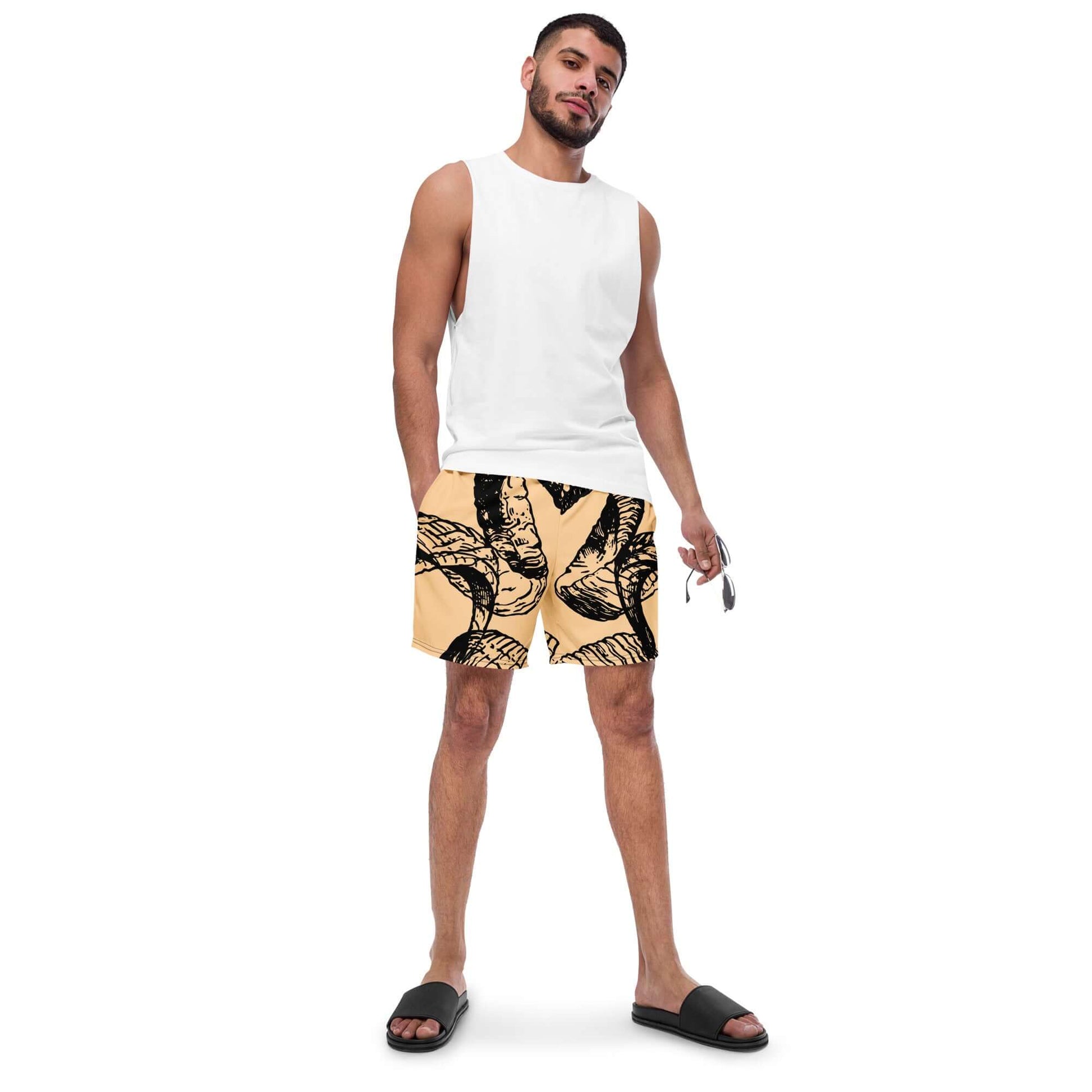 Model wearing Herren-Badehosen N°14, quick-dry, breathable swim shorts with pockets and anti-chafe lining for summer.