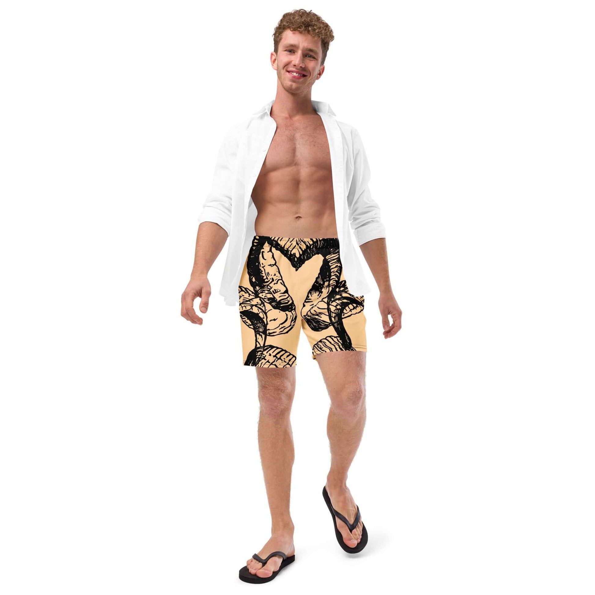 Man wearing Herren-Badehosen N°14, quick-dry, breathable swim trunks, perfect for summer with multiple pockets and silky lining.