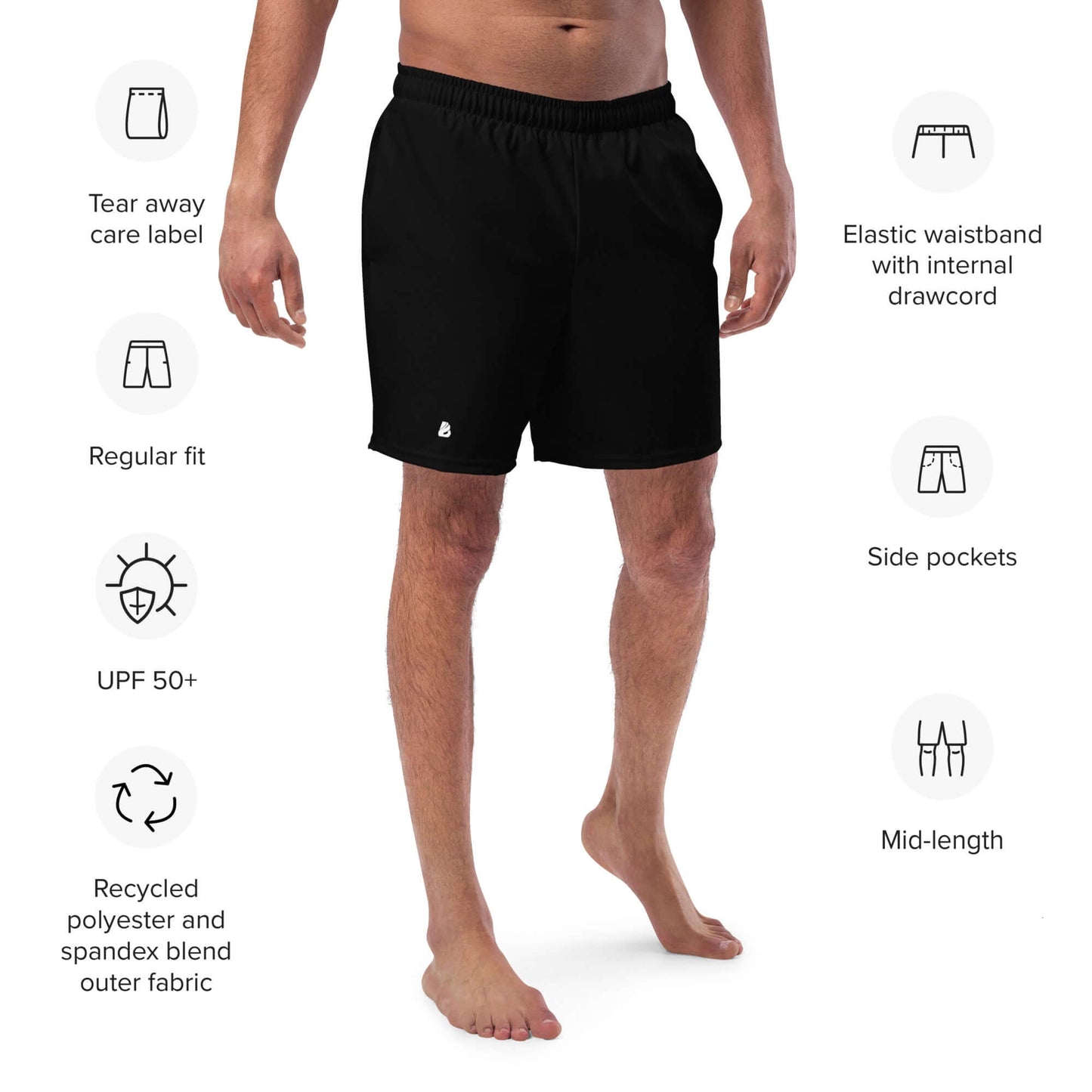 Herren-Badehosen N°11, schwarze Badeshorts, schnell trocknend, atmungsaktiv, Seitentaschen, elastischer Bund, recyceltes Polyester