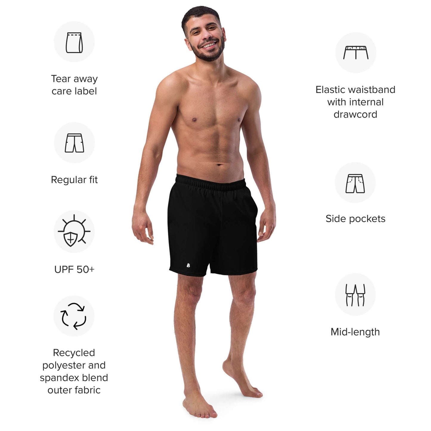 Man wearing Herren-Badehosen N°11, features elastic waistband, side pockets, UPF 50+, regular fit, recycled polyester fabric.