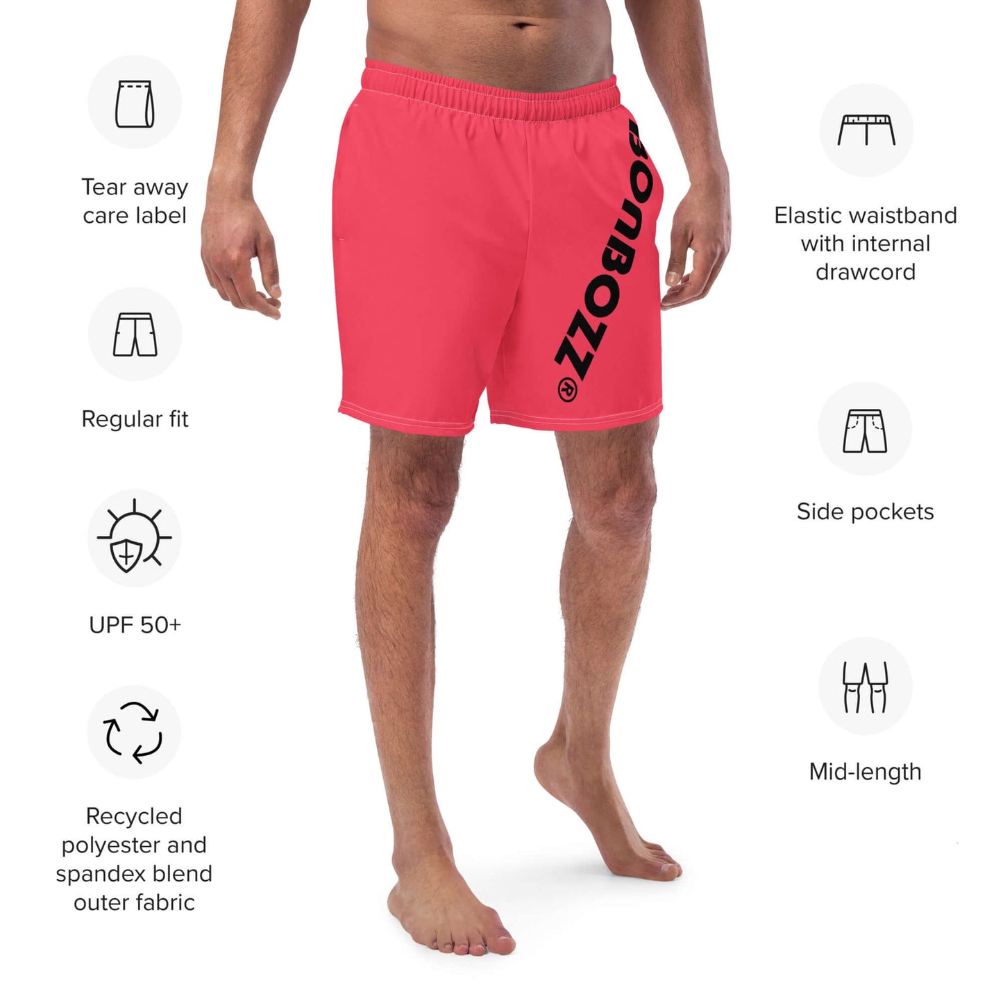 Herren-Badehosen N°13 in red, featuring elastic waistband, side pockets, and tear-away care label, perfect for summer activities.