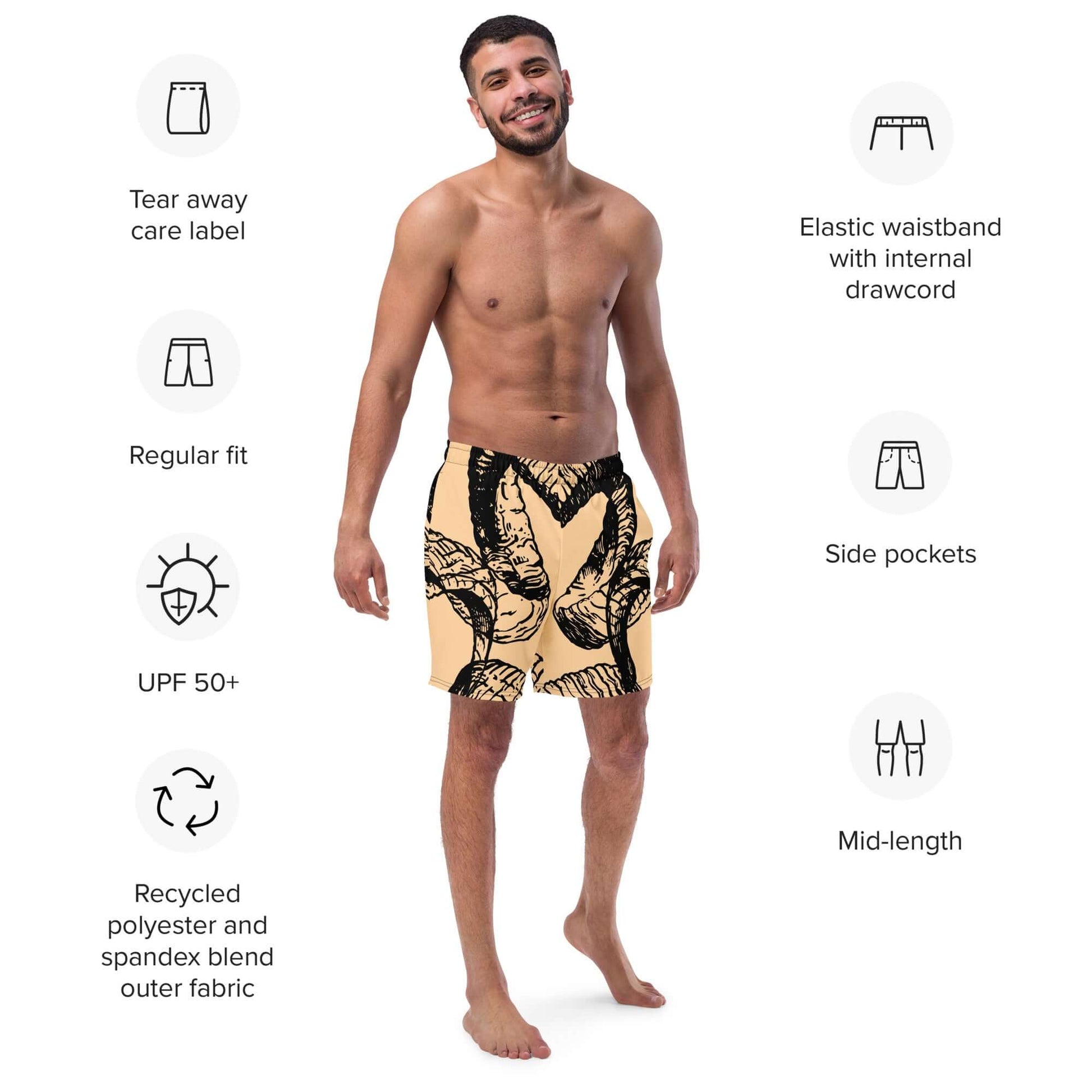 Model wearing Herren-Badehosen N°14 showcasing features like quick-dry fabric, side pockets, and elastic waistband.