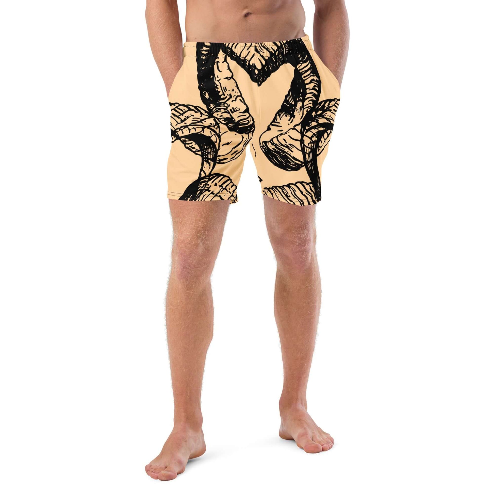 Herren-Badehosen N°14 in tan with black abstract print, showcasing quick-dry, breathable fabric with side pockets and silk inner lining.