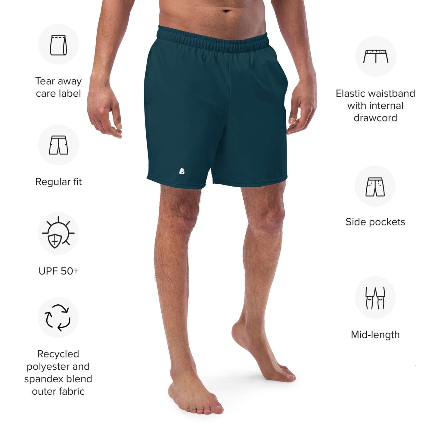 Man wearing Herren-Badehosen N°15 showcasing features like regular fit, UPF 50+, side pockets, and elastic waistband.
