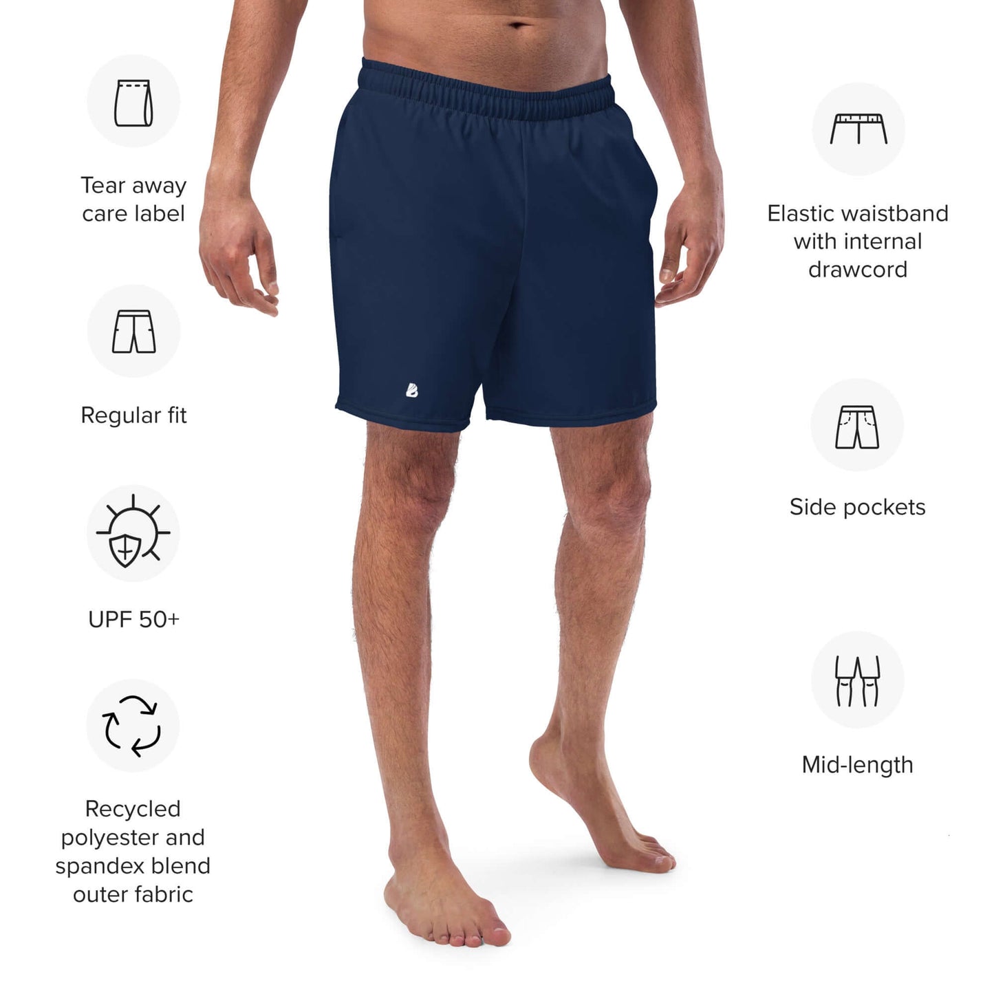 Herren-Badehosen N°16 in navy, featuring side pockets, elastic waistband, and tear-away label, ideal for summer with UPF 50+."}