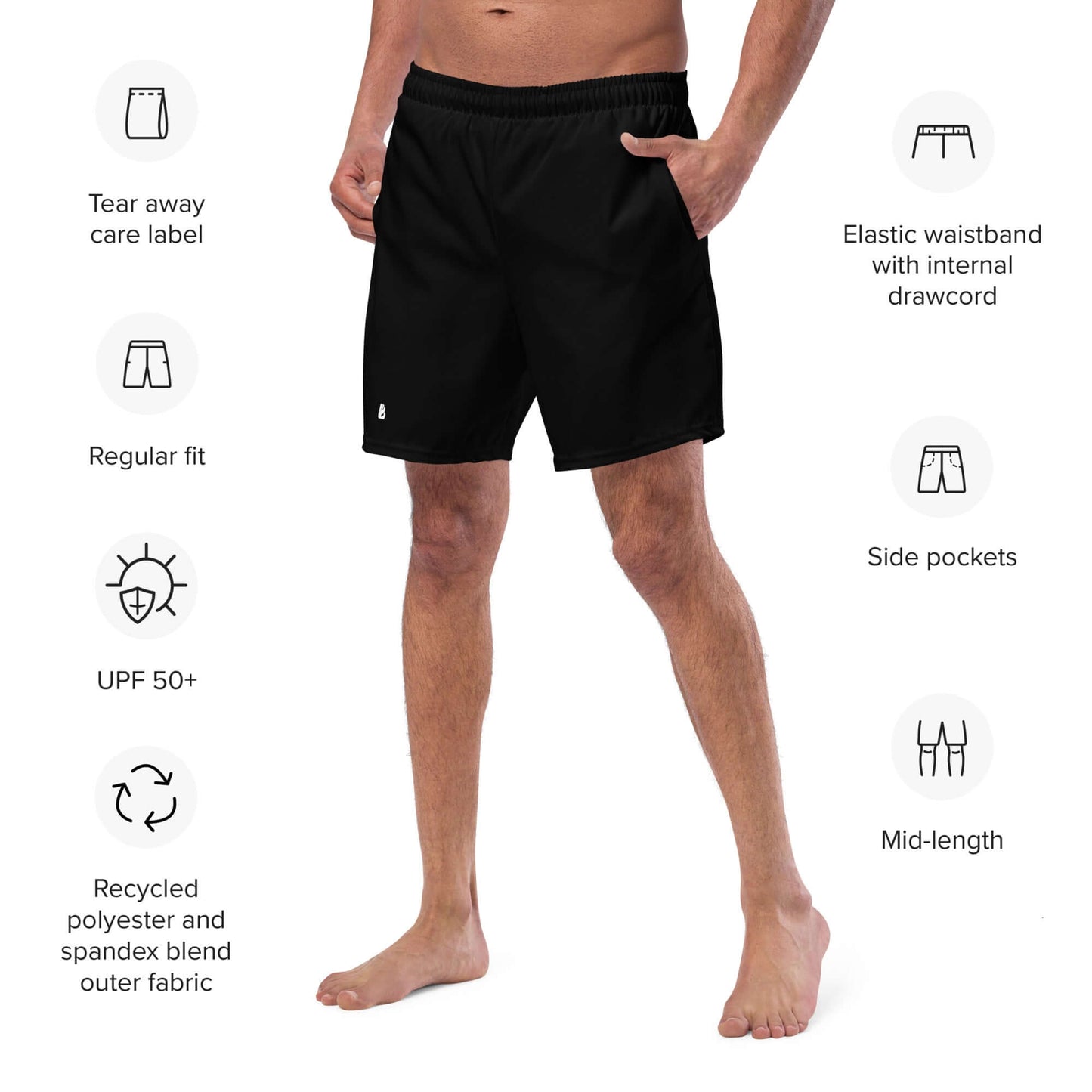 Herren-Badehosen N°11 in Schwarz mit elastischem Bund und Seitentaschen, ideal für schnelle Trocknung und atmungsaktiven Komfort.