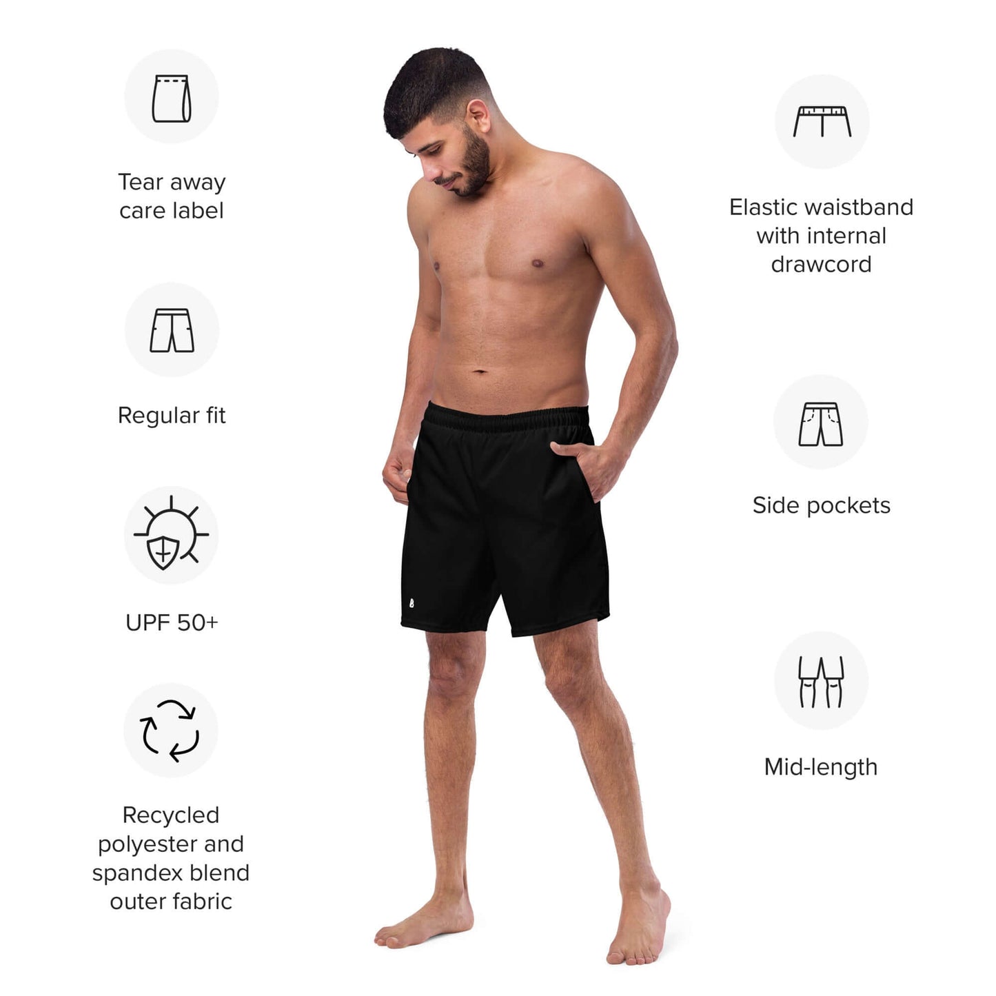 Man wearing Herren-Badehosen N°11, showcasing features like tear away care label, UPF 50+, elastic waistband, and recycled materials.