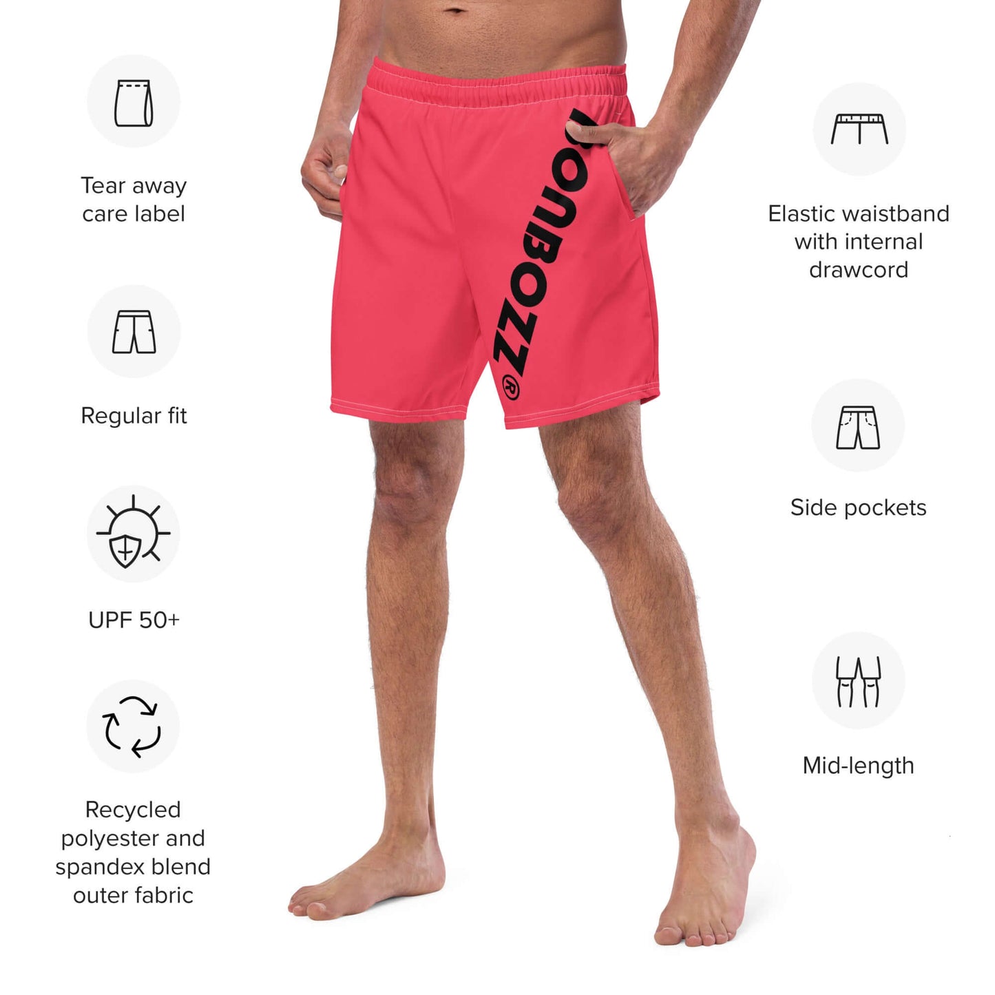 Herren-Badehosen N°13 in vibrant red with elastic waistband, side pockets, UPF 50+, and breathable recycled polyester fabric.