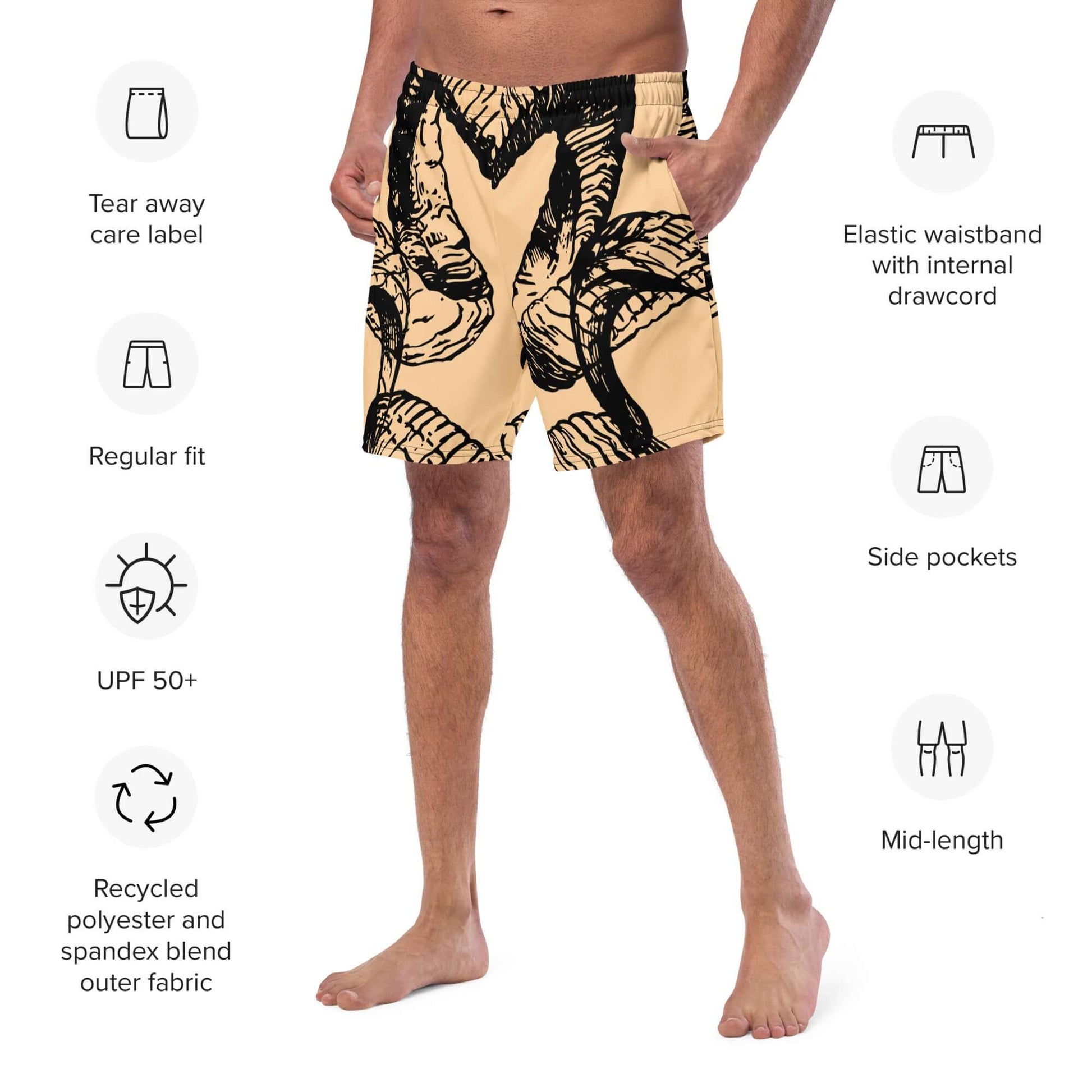 Herren-Badehosen N°14 featuring a tropical print, elastic waist, side pockets, UPF 50+, made from recycled polyester and spandex blend.