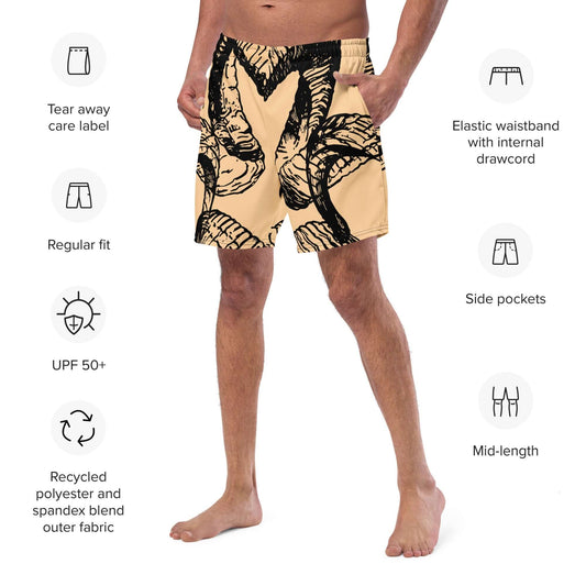 Herren-Badehosen N°14 featuring a tropical print, elastic waist, side pockets, UPF 50+, made from recycled polyester and spandex blend.