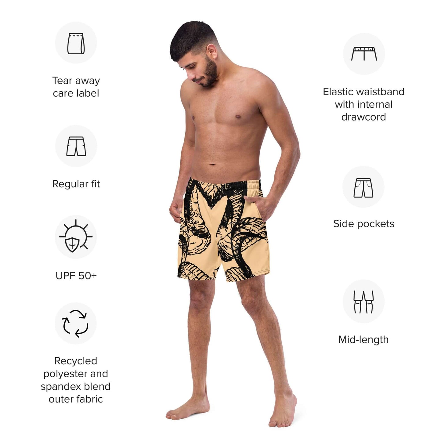 Herren-Badehosen N°14 featuring quick-dry fabric, elastic waistband, UPF 50+, and multiple pockets for summer.