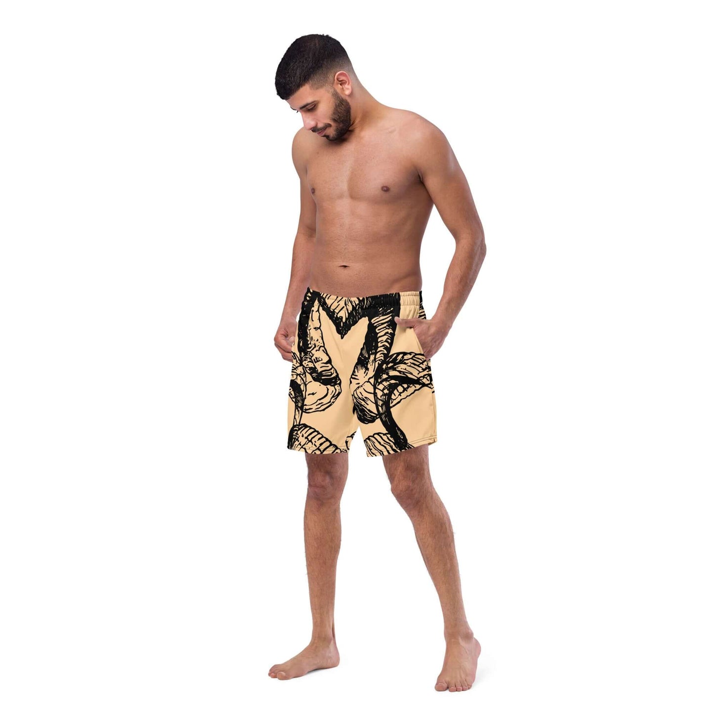 Man wearing Herren-Badehosen N°14 with tropical print, perfect for summer, featuring quick-dry fabric and multiple pockets.