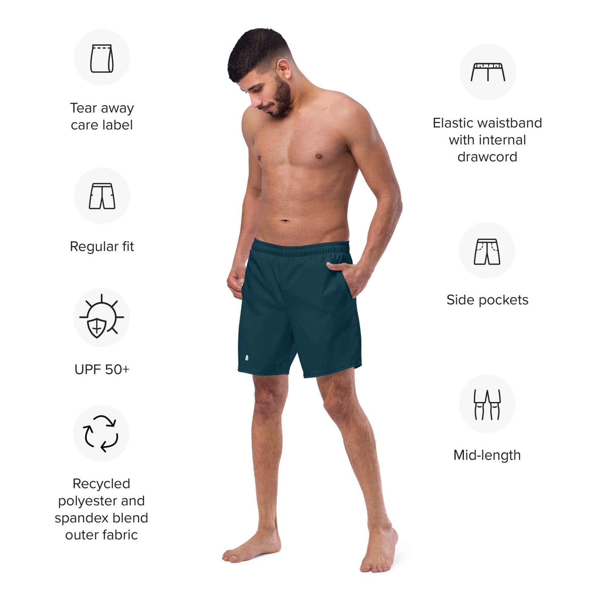 Man wearing Herren-Badehosen N°15 swim shorts with key features highlighted, including quick-dry fabric and multiple pockets.