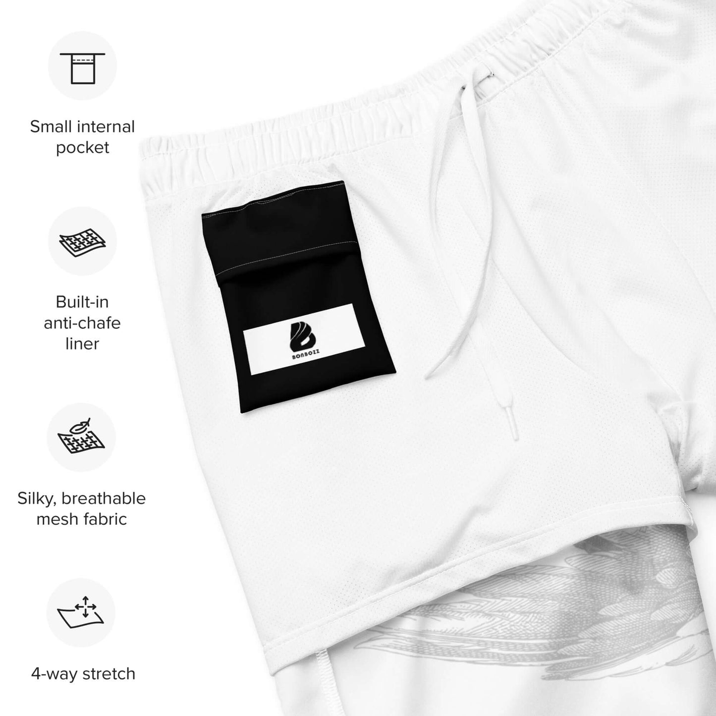 Herren-Badehosen N°12 featuring quick-dry fabric, breathable mesh, multiple pockets, and anti-chafe liner for summer comfort.