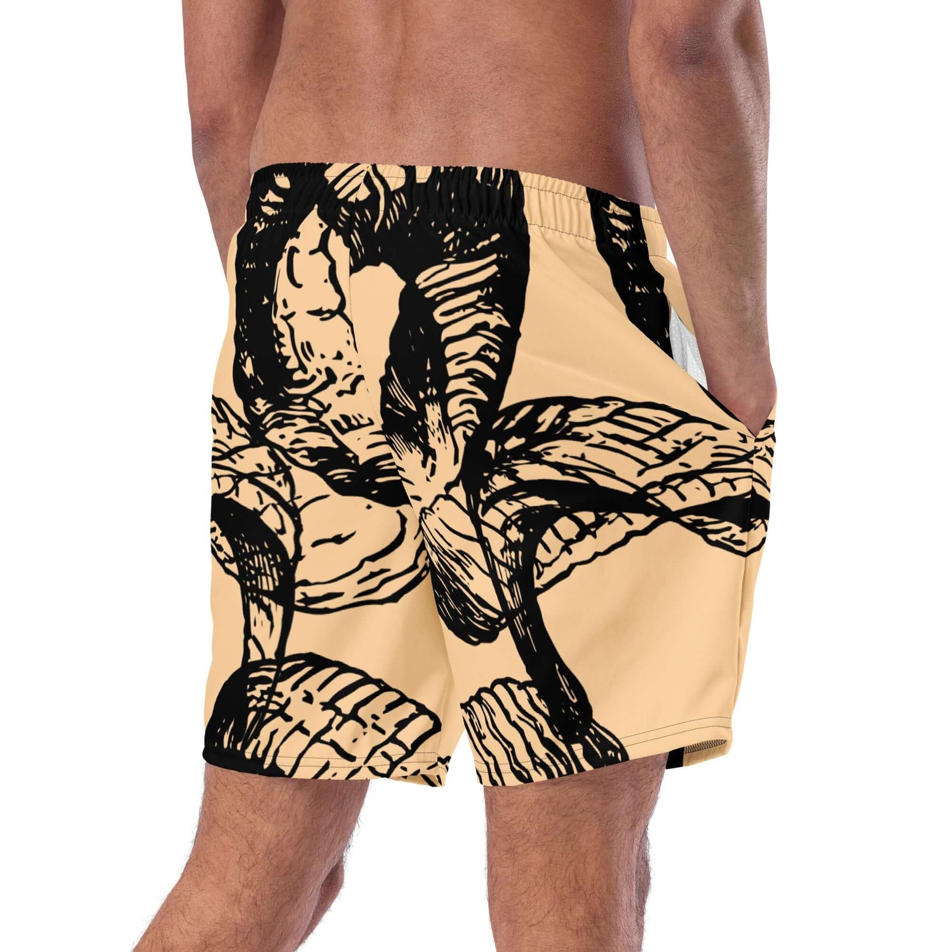 Back view of Herren-Badehosen N°14 showing detailed black pattern on beige fast-drying beachwear.