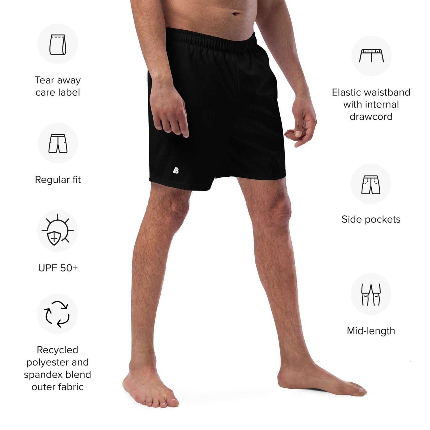 Herren-Badehosen N°11 showing features like elastic waistband, side pockets, and UPF 50+ protection. Perfect for summer wear.