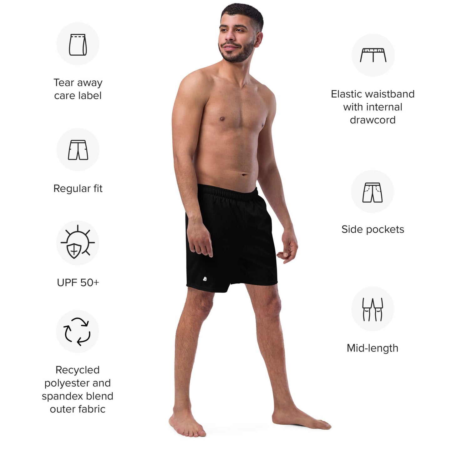 Man wearing Herren-Badehosen N°11 showcasing features like side pockets, elastic waistband, and recycled polyester blend fabric.
