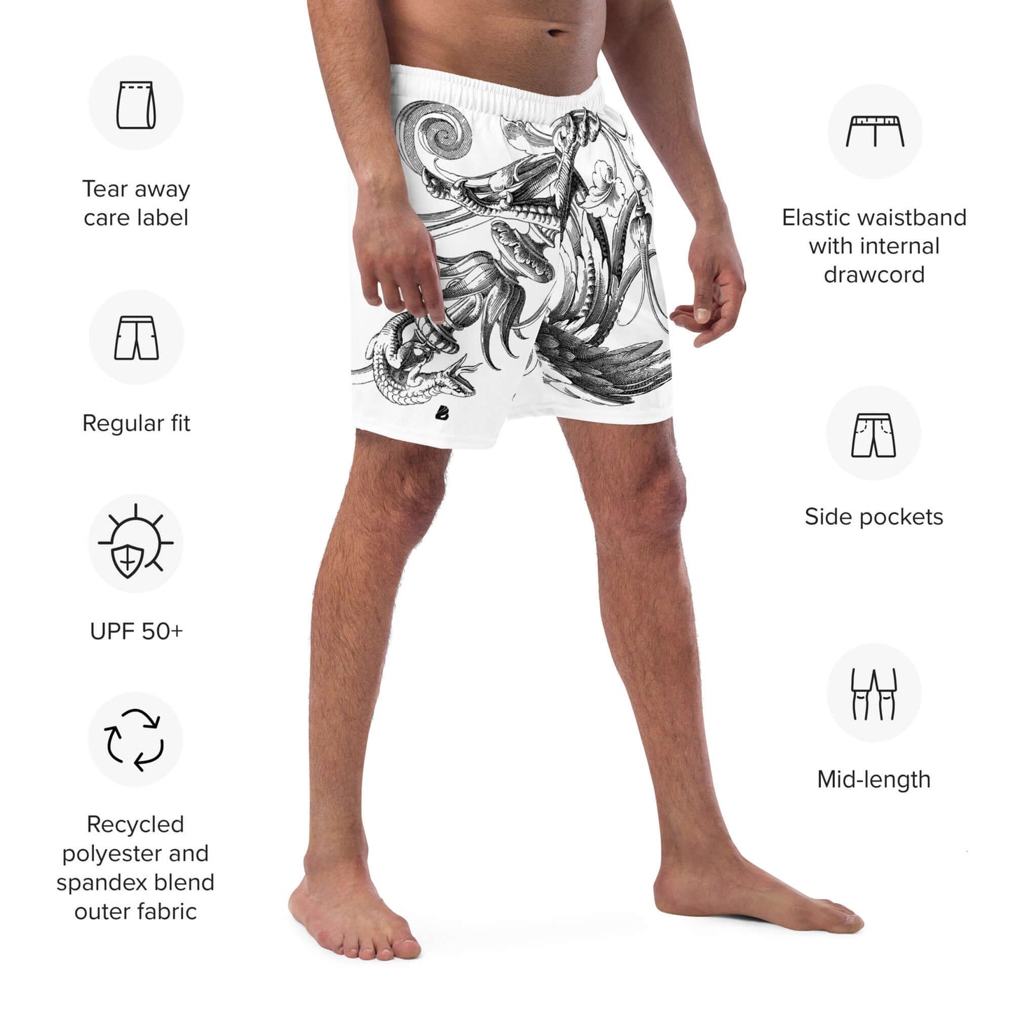 Herren-Badehosen N°12 showing details like UPF 50+, quick-drying fabric, side pockets, and elastic waistband for summer comfort.