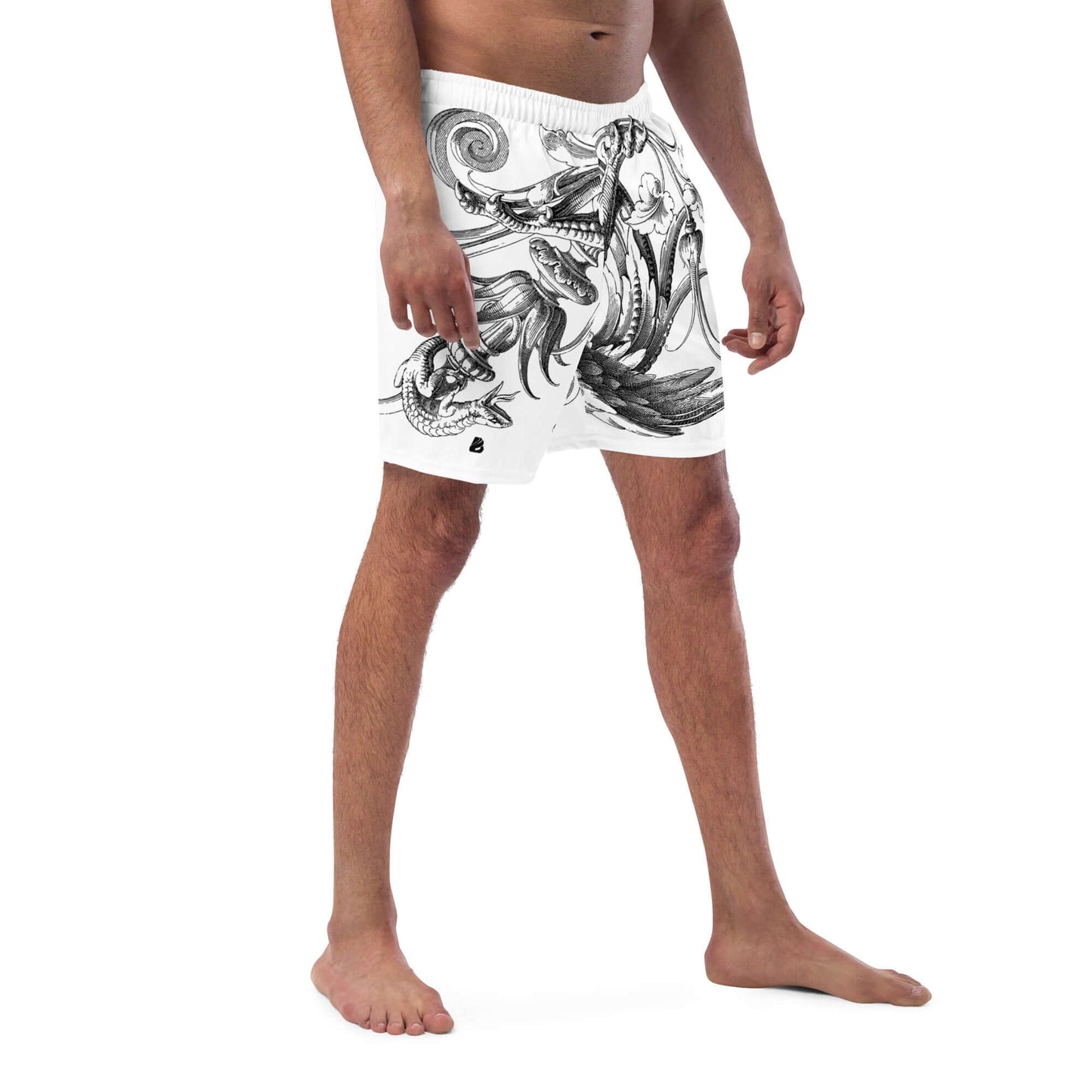 Model wearing Herren-Badehosen N°12 with artistic print, quick-dry, breathable fabric, and protective lining.