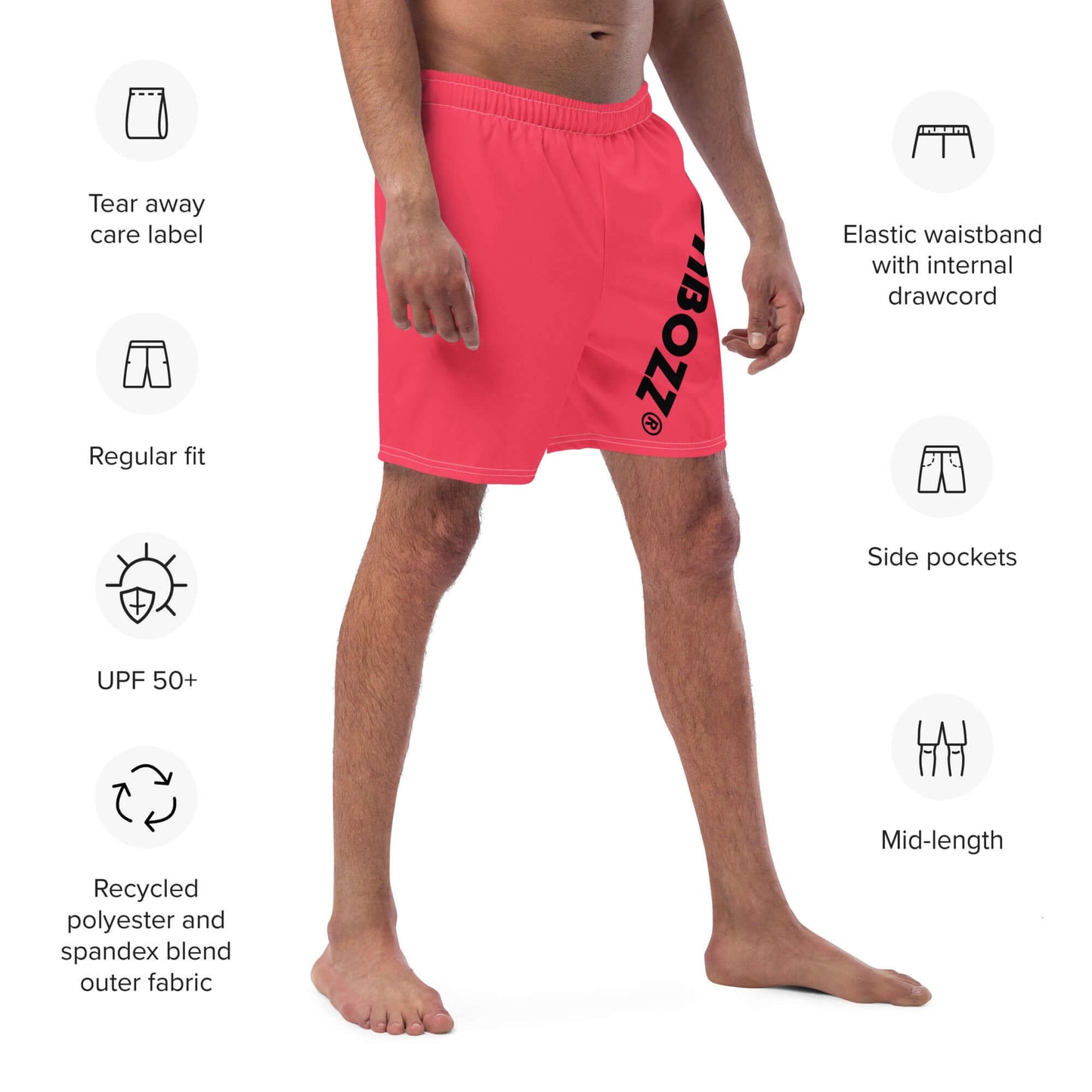 Herren-Badehosen N°13 in vibrant red, featuring an elastic waistband, side pockets, and UPF 50+ protection for summer use.