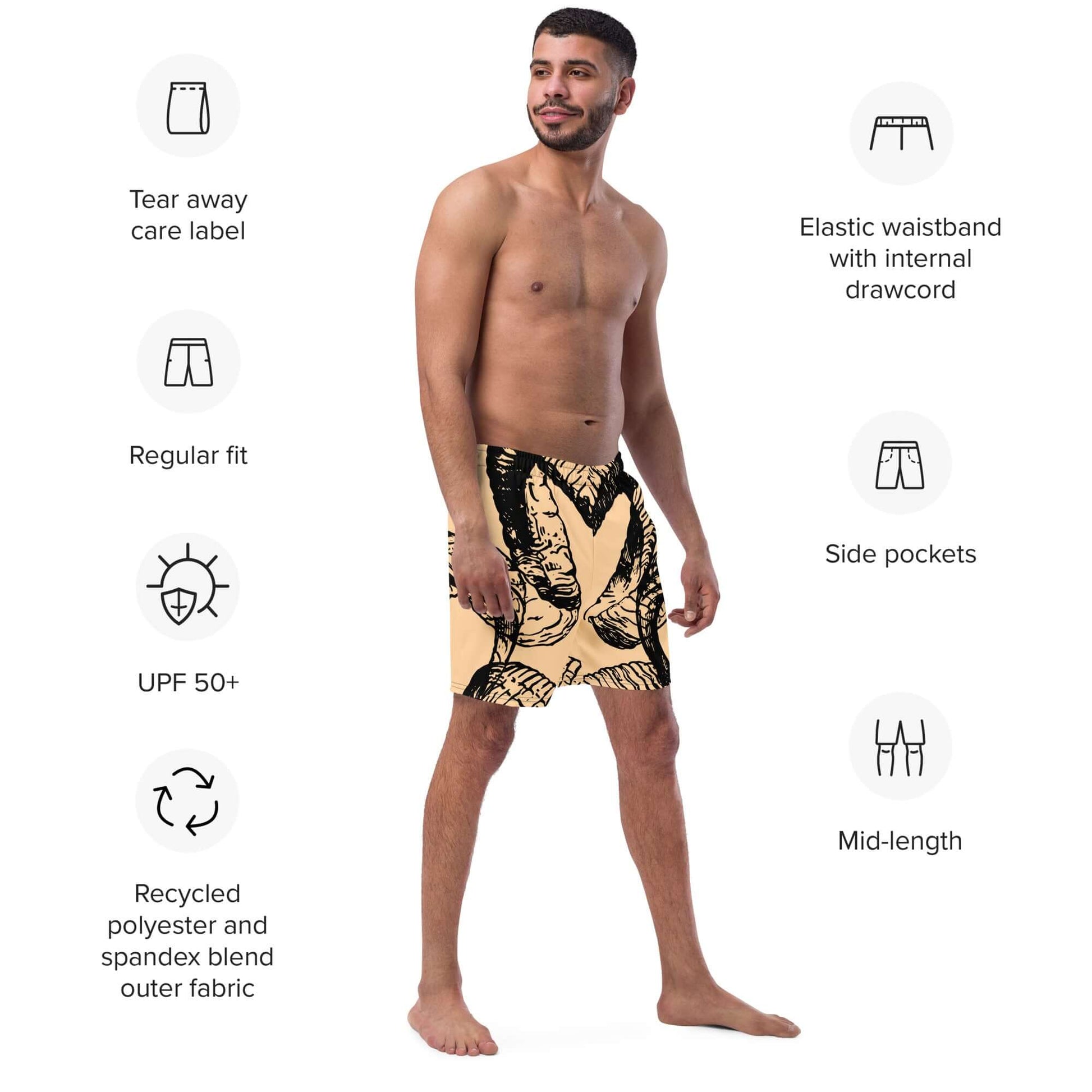 Model wearing Herren-Badehosen N°14 showcasing elastic waistband, side pockets, and tear-away label features.