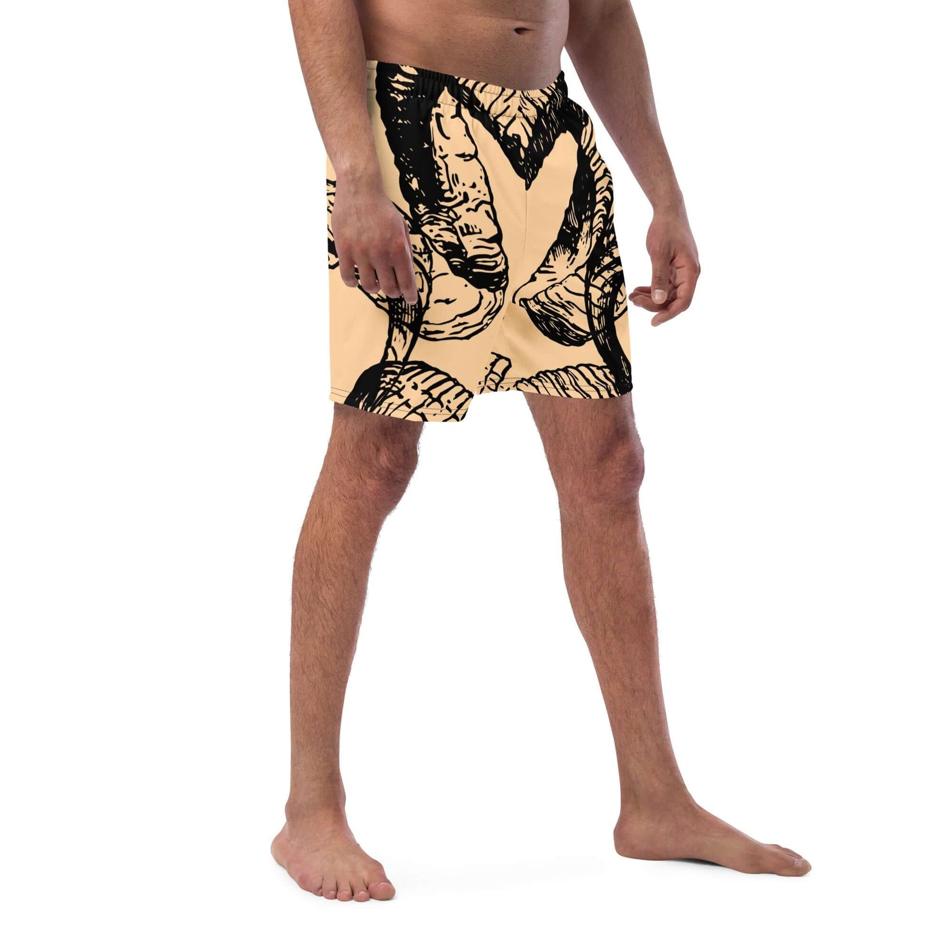 Model wearing Herren-Badehosen N°14, featuring quick-dry and breathable fabric with pockets and anti-chafe lining.