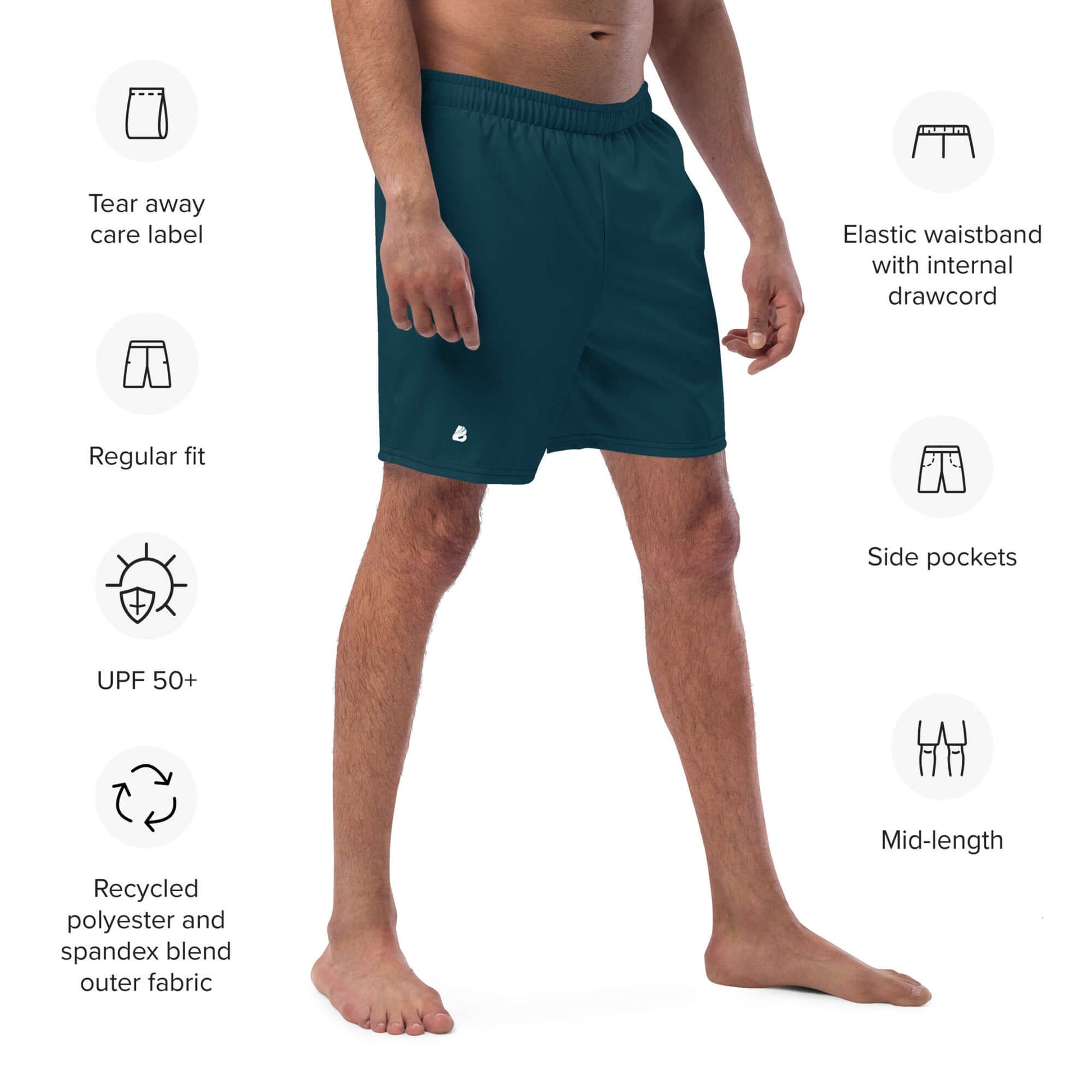 Herren-Badehosen N°15 with UPF 50+, elastic waistband, and side pockets, made from recycled polyester and spandex.