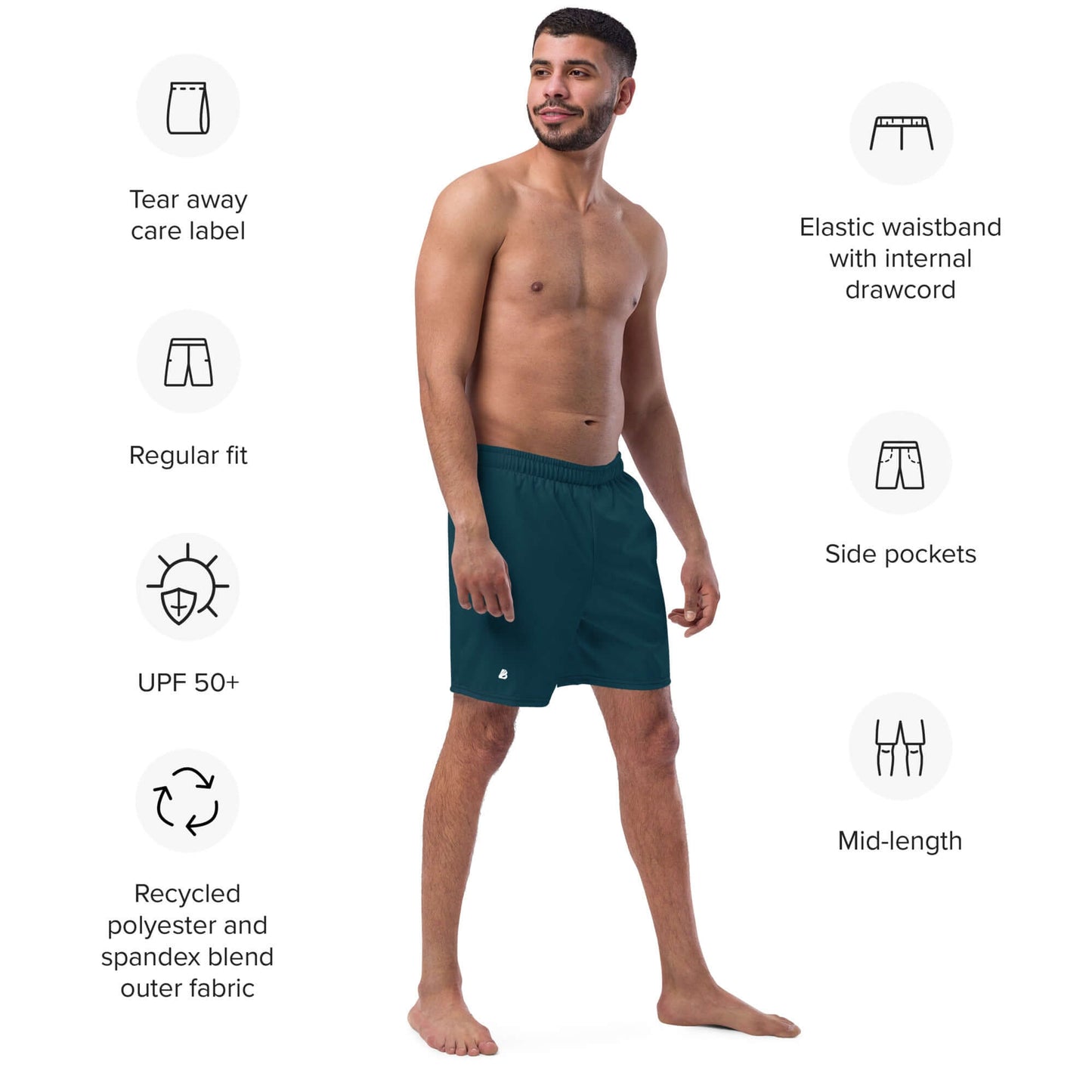 Model wearing Herren-Badehosen N°15, highlighting features like UPF 50+, elastic waistband, side pockets, and recycled polyester fabric.