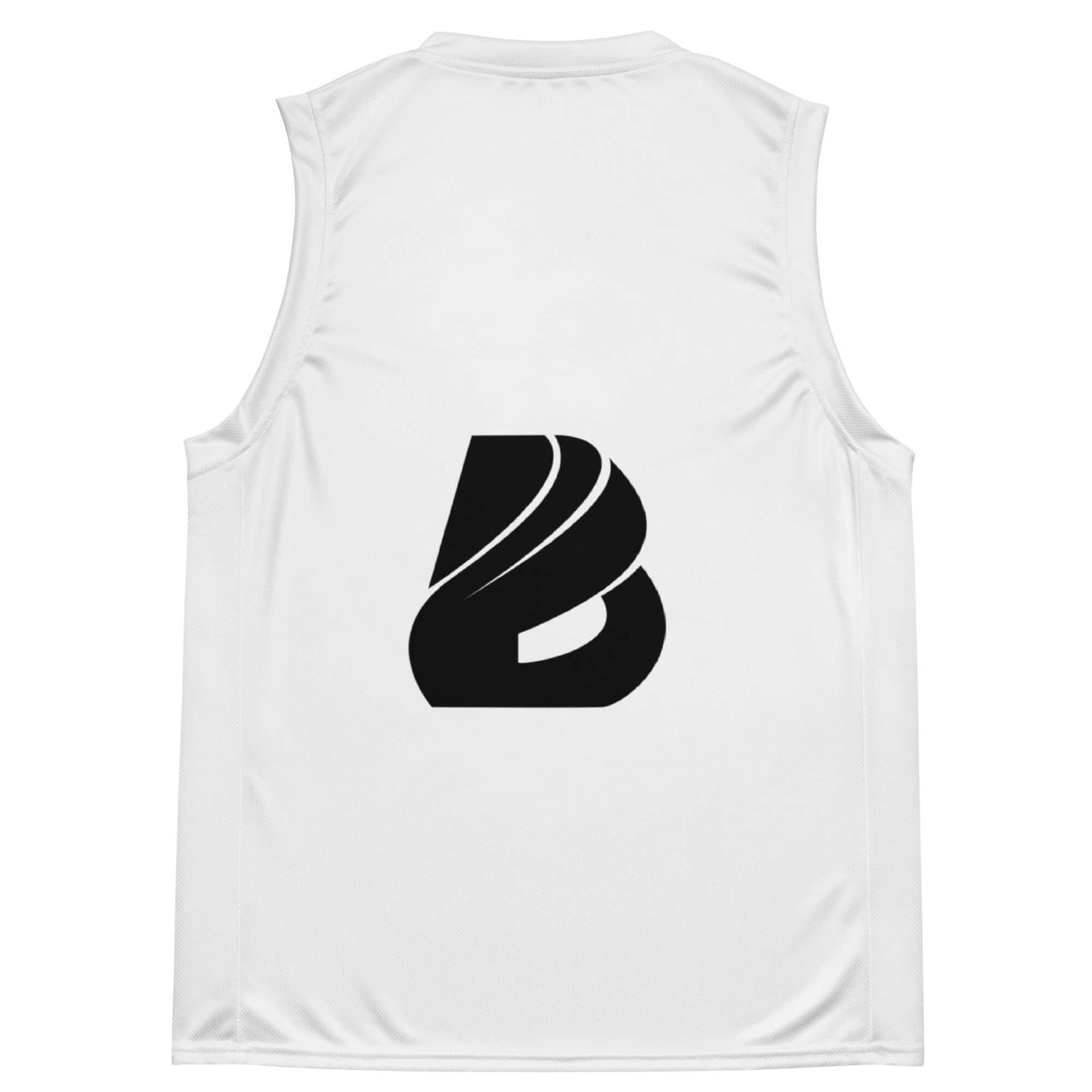 Recyceltes Unisex-Basketballtrikot N°0 in Weiß, Rückansicht mit schwarzem Logo, ideal für Sport und Streetwear, aus recyceltem Polyester.