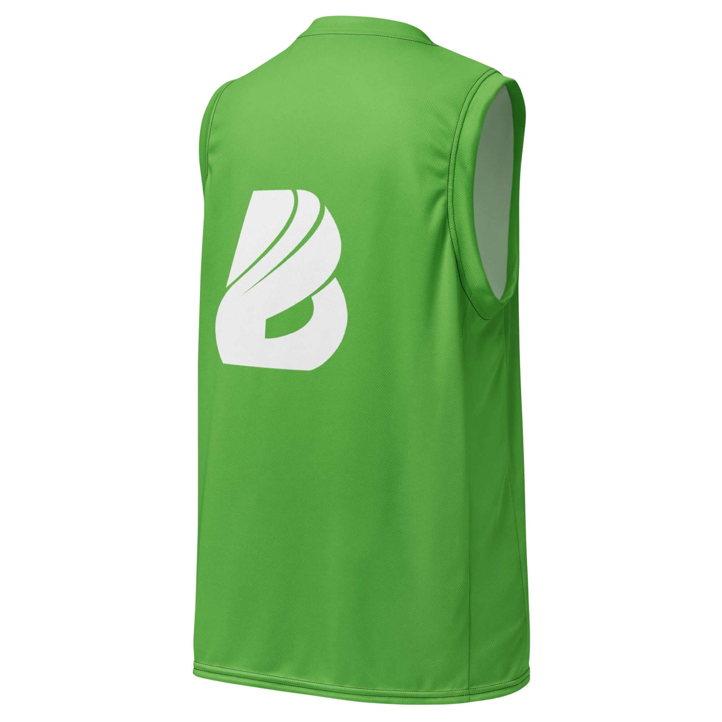 Recyceltes Unisex-Basketballtrikot N°2 in Grün, Rückansicht mit Logo, gefertigt aus recyceltem Polyester, für Sport und Streetwear geeignet.