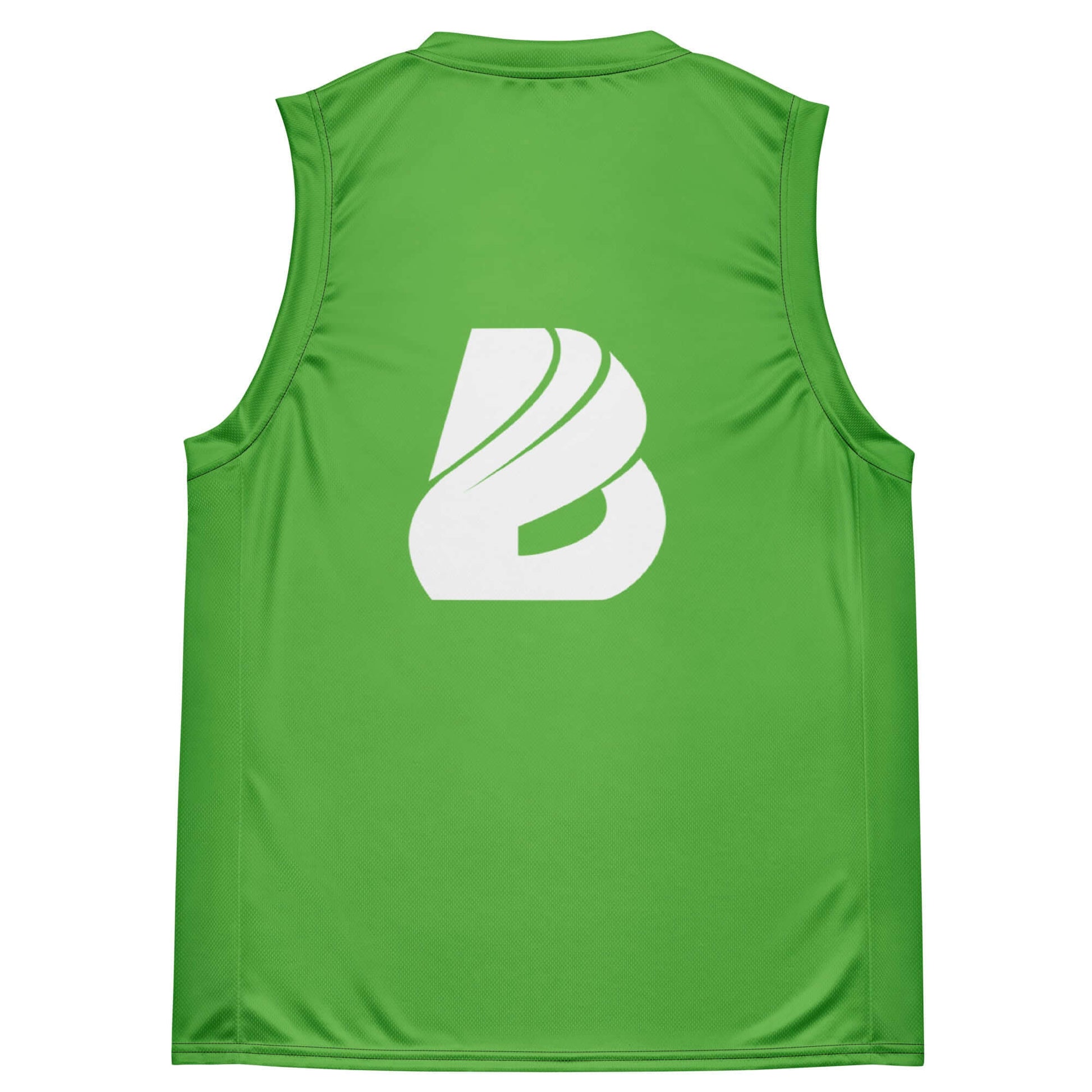 Recyceltes Unisex-Basketballtrikot N°2 in Grün, aus 100% recyceltem Polyester, Rückansicht mit stilvollem Logo.