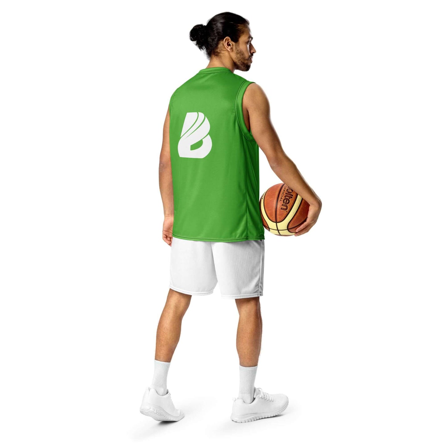 Person wearing Recyceltes Unisex-Basketballtrikot N°2 in green, holding basketball, showcasing back design and durability.