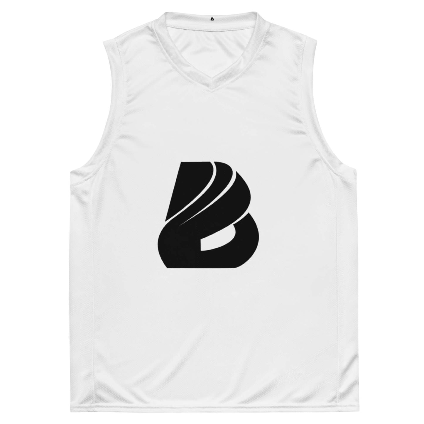 Alt Tag: Recyceltes Unisex-Basketballtrikot N°0 in Weiß mit schwarzem Logo aus recyceltem Polyester, ideal für Sport und Streetwear.