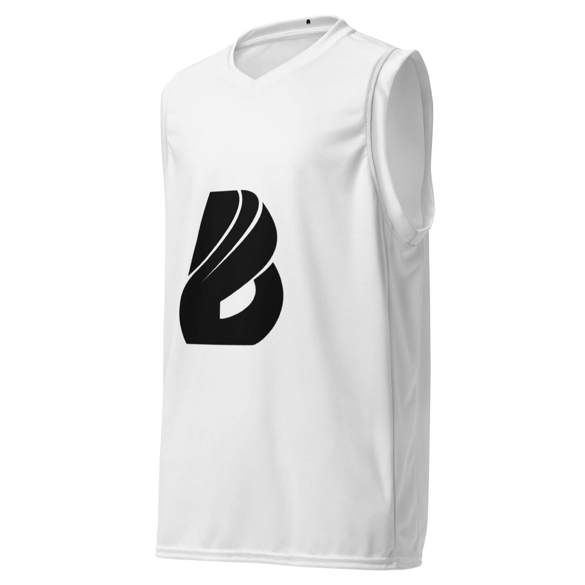 Recyceltes Unisex-Basketballtrikot N°0 aus 100% recyceltem Polyester in Weiß mit schwarzem Logo, ideal für Sport und Streetwear.