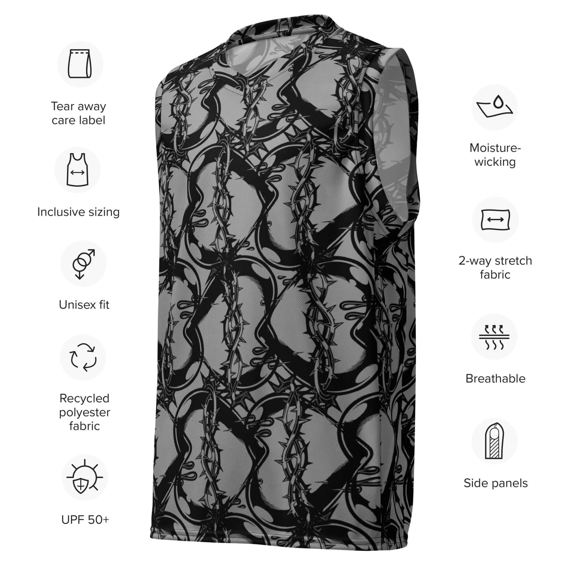 Recyceltes Unisex-Basketballtrikot N°1 aus recyceltem Polyester in Schwarz-Weiß mit Grafiken, feuchtigkeitsableitend und atmungsaktiv.