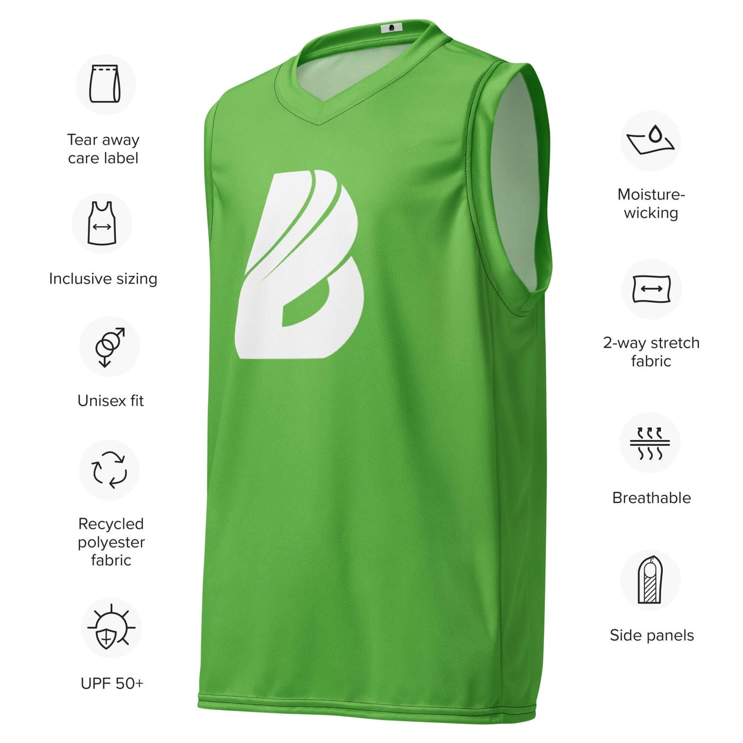 Recyceltes Unisex-Basketballtrikot N°2 in Grün mit Logo, aus recyceltem Polyester, atmungsaktiv und feuchtigkeitsableitend.