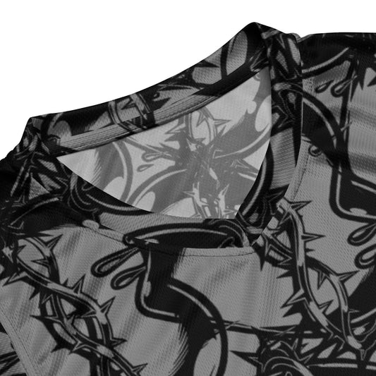 Recyceltes Unisex-Basketballtrikot N°1 in schwarzem Barockmuster, aus 100 % recyceltem Polyester, ideal für Sport und Streetwear.