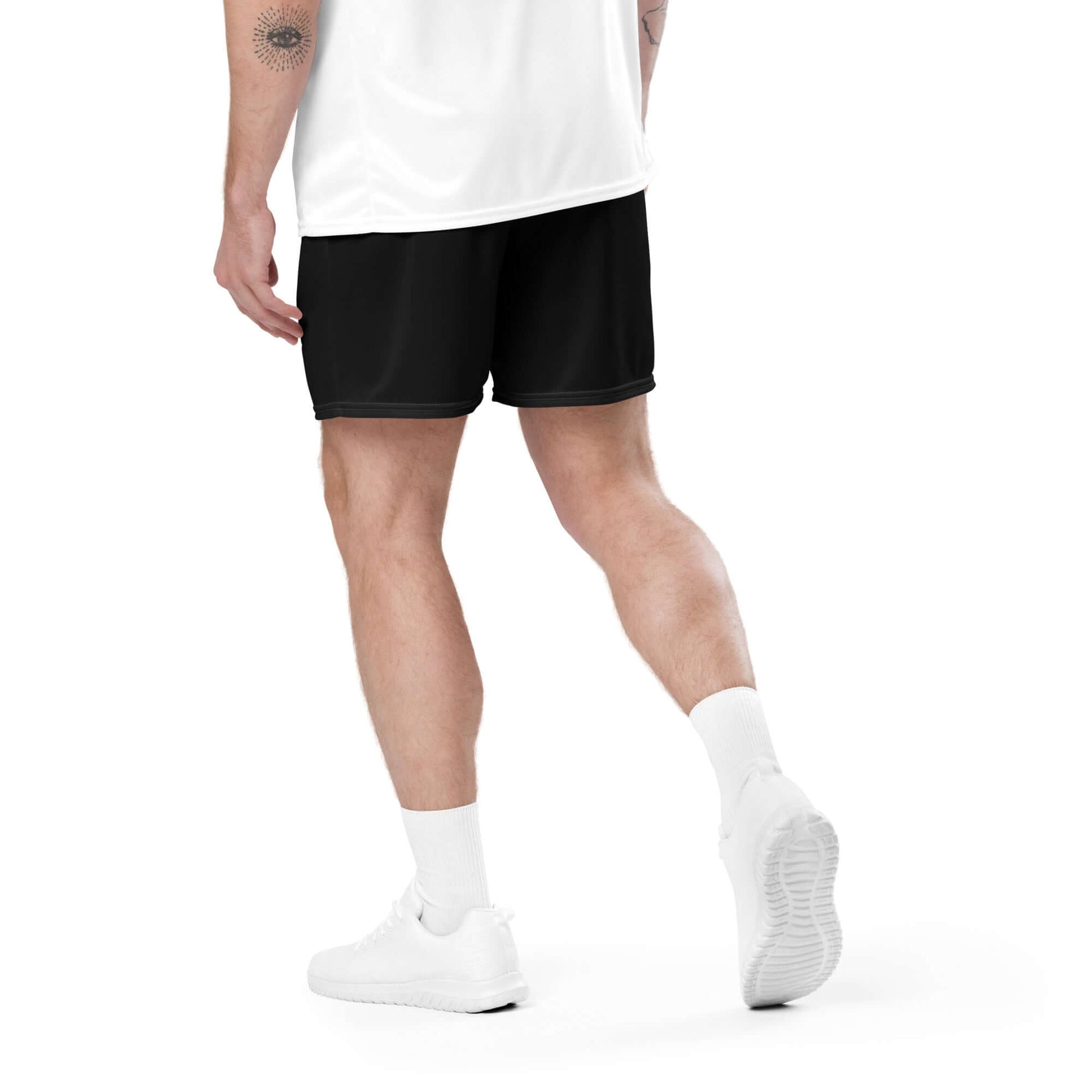 Rear view of Unisex Mesh-Shorts N°0 in black, featuring two-way stretch and moisture-wicking fabric, ideal for gym or casual wear.