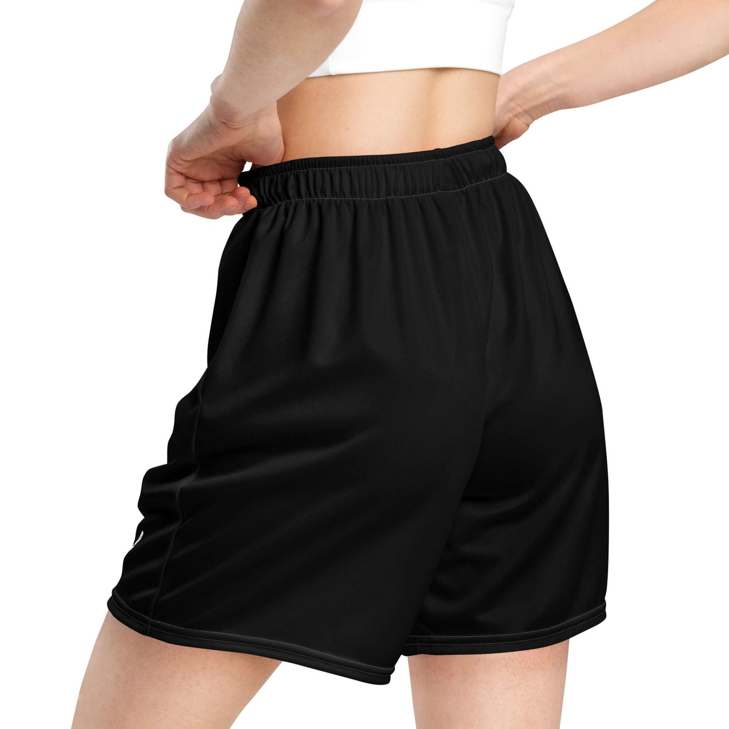 Back view of Unisex Mesh-Shorts N°0 in black, featuring recycled polyester and moisture-wicking fabric for comfort and flexibility.