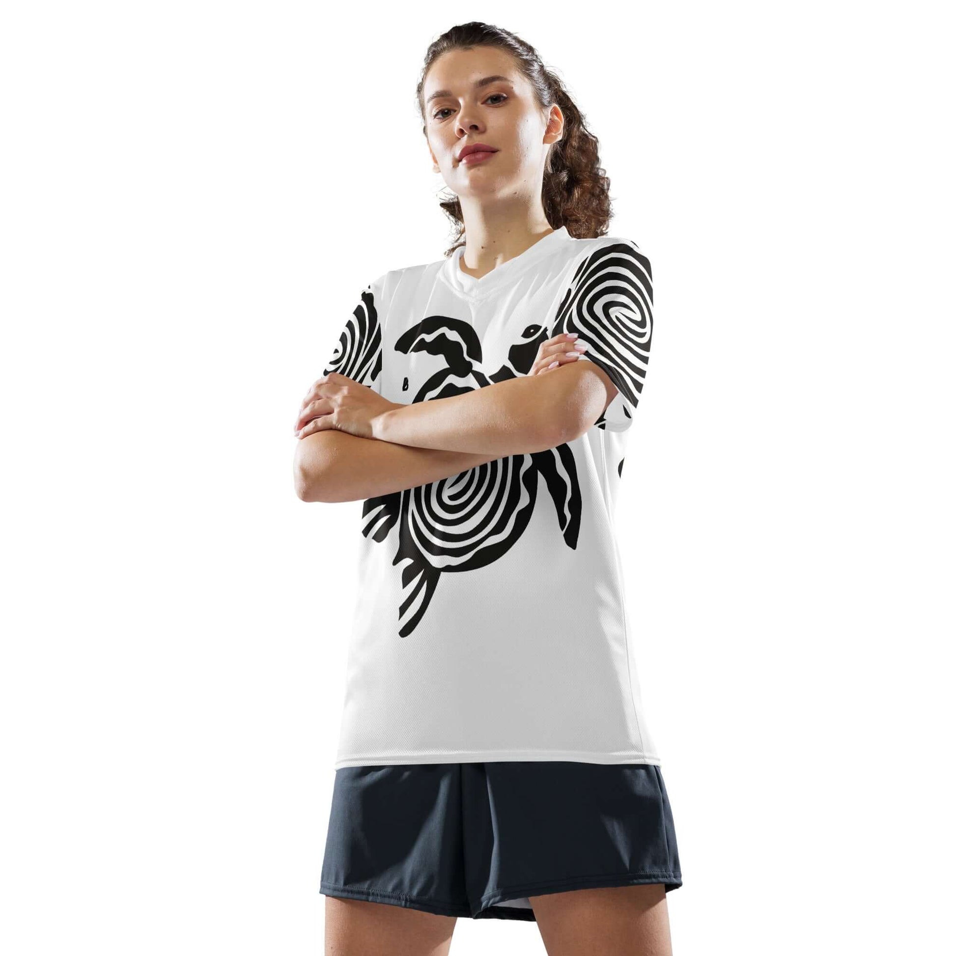Person wearing Recyceltes Unisex-Trikot mit Allover-Druck N°0, featuring breathable recycled polyester with a stylish double-layer V-neck.