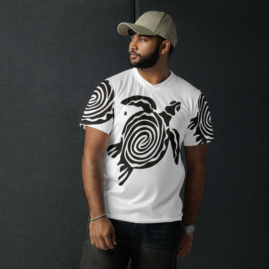 Man wearing Recyceltes Unisex-Trikot mit Allover-Druck N°0, showcasing breathable recycled polyester sports jersey with unique print.